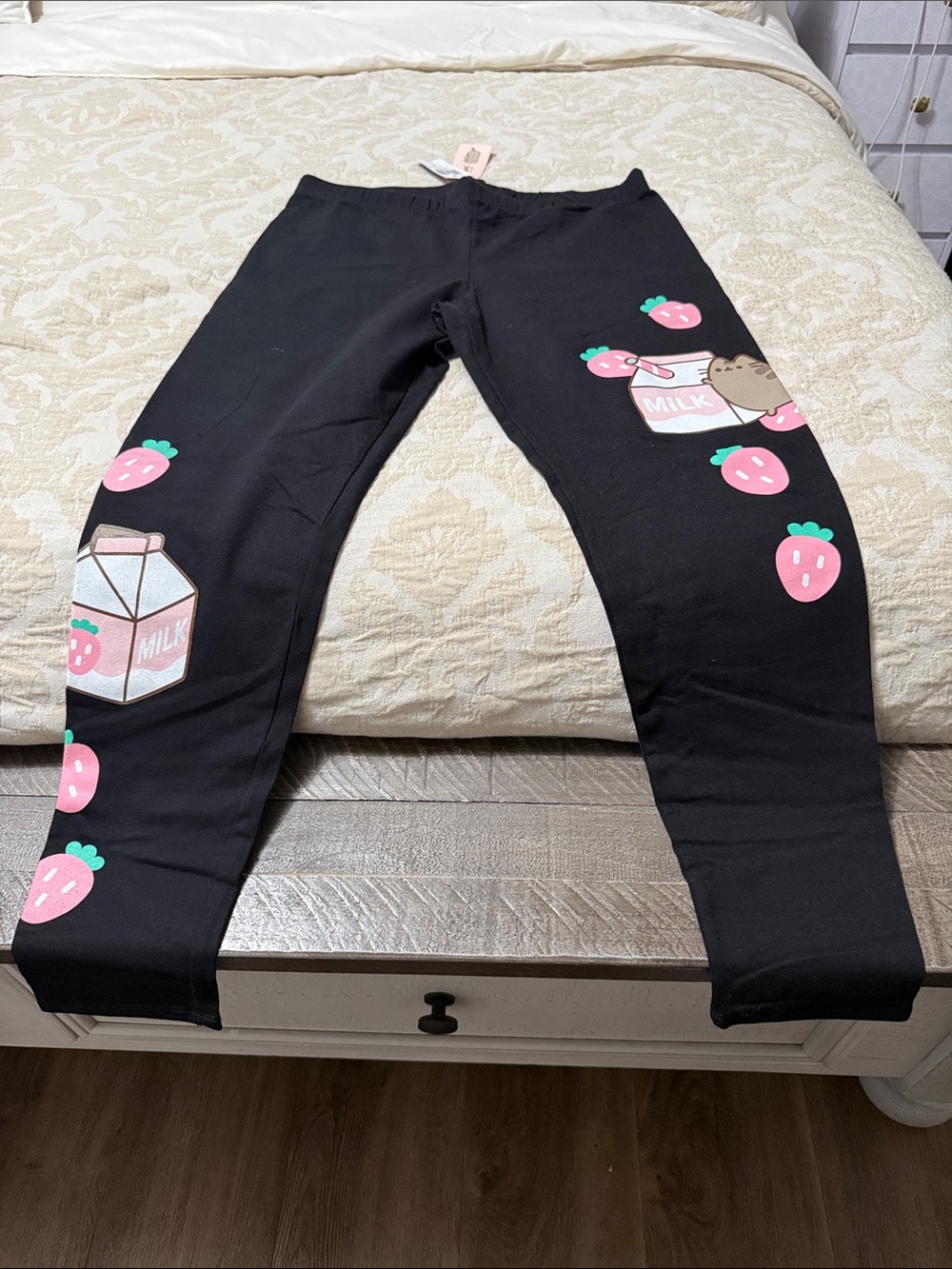 Pusheen Black Leggings with Pink Strawberry & Milk Carton Prints